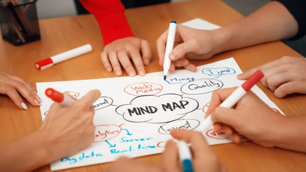 Close up of skilled business people hand brainstorming, working together, discussing about marketing idea by using mind map and colorful marker at meeting table. Focus on hand. Immaculate.