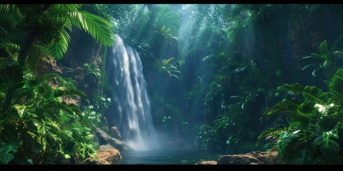 A serene waterfall cascades gently into a crystal-clear pool within the dense greenery of a sunlit tropical rainforest, inviting a sense of peace and natural beauty. Resplendent.