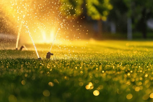 watering the lawn grass in the park water splashes against the backdrop of the sun Generative AI.