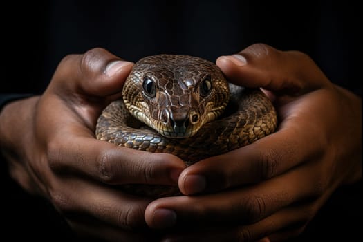 A snake in a bowl in the hands of a man.