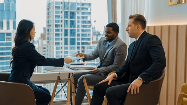 Ornamented office overlooking city skyline, diversity corporate professional discuss ambitious business expansion or strategic marketing. Financial advisor give consulting business insights and idea