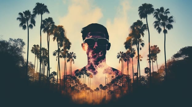 The face of a man in glasses in the sky with silhouettes of palm trees.