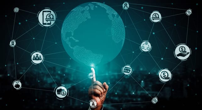 Finance and Money Transaction Technology Concept. Icon Graphic interface showing fintech trade exchange, profit statistics analysis and market analyst service in modern computer application. uds