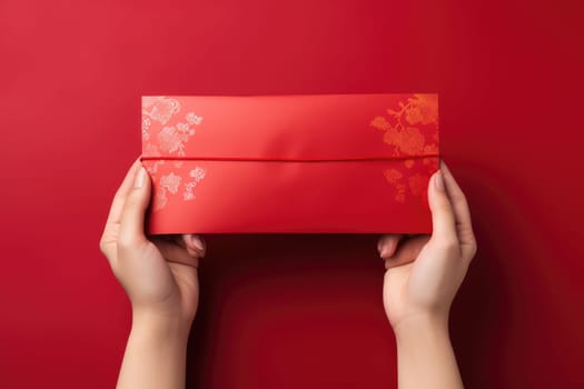 hand woman holding with blank red card. Chinese new year concept .generative ai.