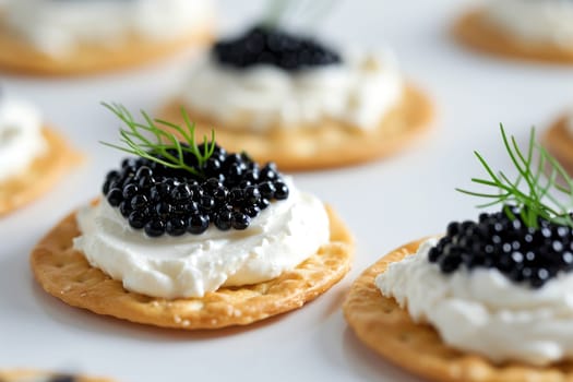 crackers with cream cheese and black caviar, white backgroud. Generative AI..