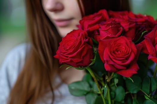 a woman holding a bouquet of roses.ai generative.