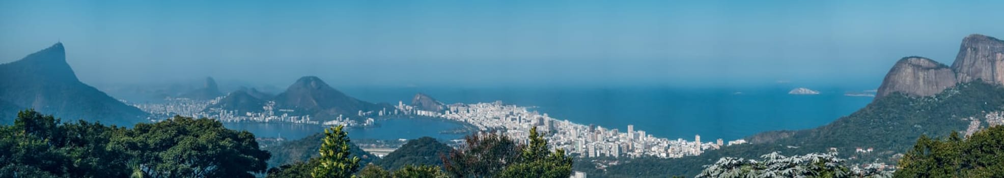 Panoramic view of Rio de Janeiro's cityscape, illustrating its iconic skyline and landmarks.
