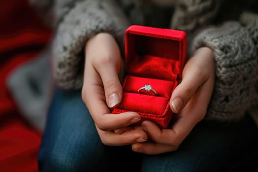 diamond ring in red box in woman hand on . ai generative. High quality illustration