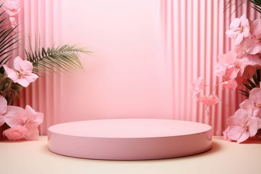Minimal background with a pink podium backdrop for product presentation. Generative AI.