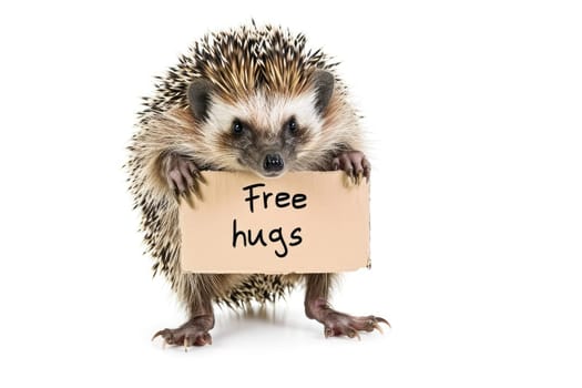 a hedgehog with Free hugs banner amused isolated on a transparent background, generative ai.