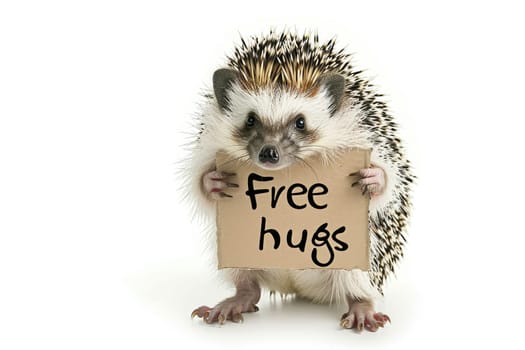 a hedgehog with Free hugs banner amused isolated on a transparent background, generative ai.