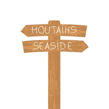 Mountains versus Seaside concept with wooden direction sign
