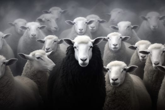 A flock of white sheep with black in the middle. generative ai.