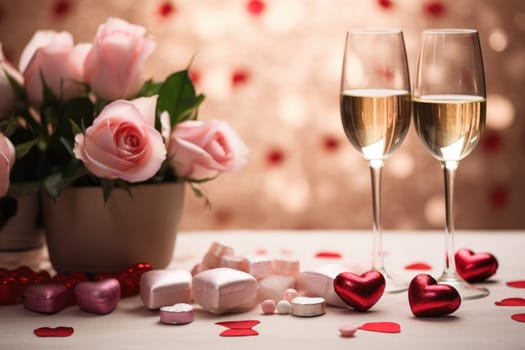 valentine day celebration with champagne, bokeh background. Generative AI.