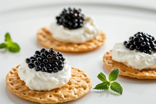 crackers with cream cheese and black caviar, white backgroud. Generative AI..