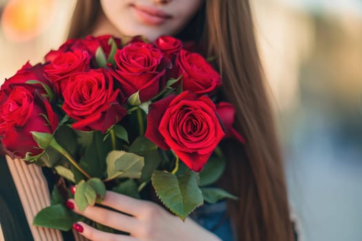 a woman holding a bouquet of roses.ai generative.