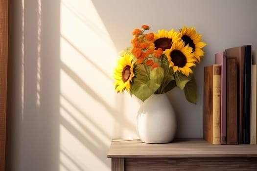 a table with a vase of sunflowers on it. generative ai.