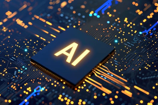 AI text on CPU Circuit board, Artificial Intelligence concept. AI generative.
