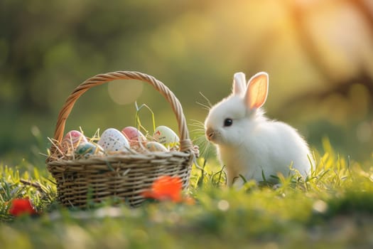 Happy bunny with Easter eggs on grass festive generative ai.