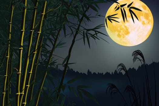 exposure of bamboo forest and full moon in the night sky. Generative AI.