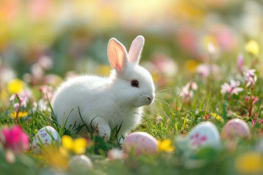 Happy bunny with Easter eggs on grass festive generative ai.