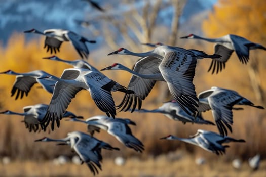 A flock of Sandhill Cranes during their fall migration. AI generative.