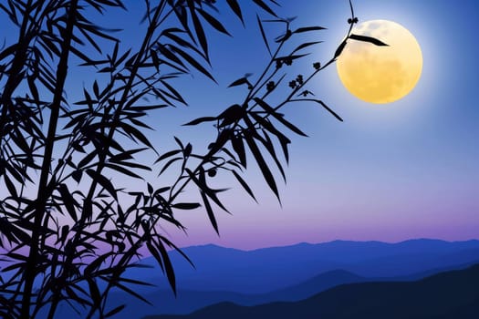 exposure of bamboo forest and full moon in the night sky. Generative AI.