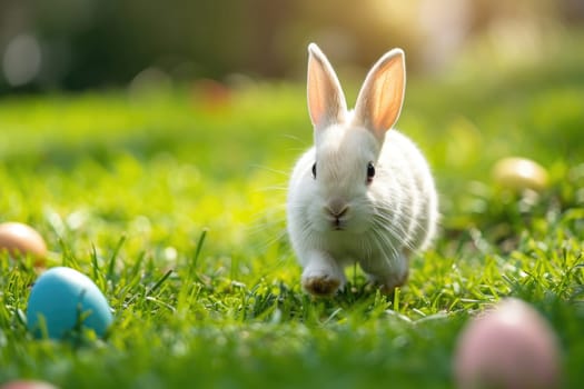 Happy bunny with Easter eggs on grass festive generative ai.