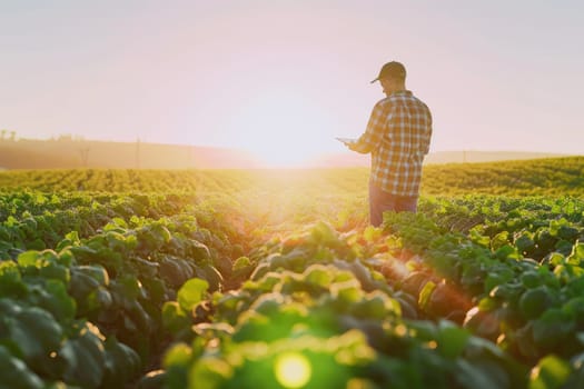 a farmer standing in field with table. Generative AI..