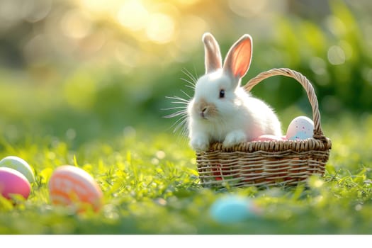 Happy bunny with Easter eggs on grass festive generative ai.