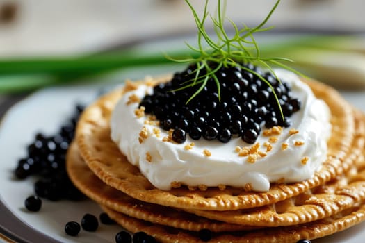 crackers with cream cheese and black caviar, Generative AI..