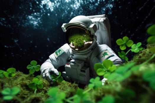 An astronaut holding a shamrock Patrick leaf on the moon, . Generative AI..