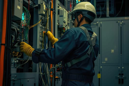 electrical engineer checks the voltage of the electrical at the terminal in the main distribution board . AI generative.