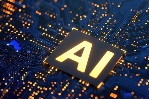 AI text on CPU Circuit board, Artificial Intelligence concept. AI generative.