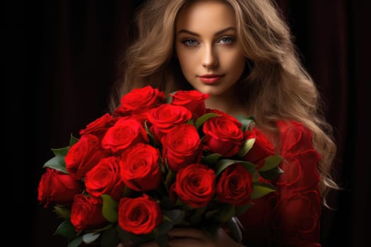 a woman holding a bouquet of roses.ai generative.