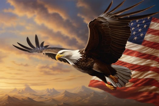 Illustration of an eagle on the background of the American flag closeup. Ai generation.