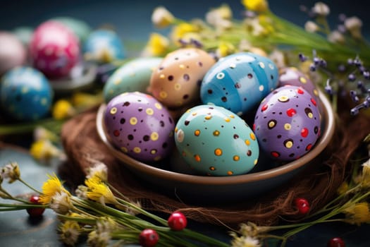 A Close-Up View of Easter Eggs Decorated with Lovely Flower Designs - Generative Ai.