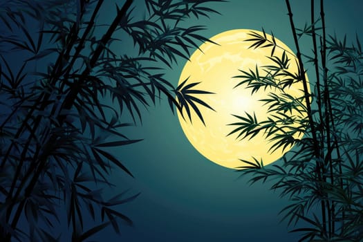 exposure of bamboo forest and full moon in the night sky. Generative AI.