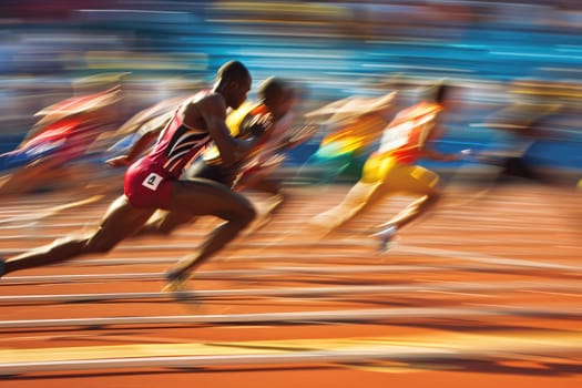 Blurred running race group of runners on racetrack for background. ai generative.