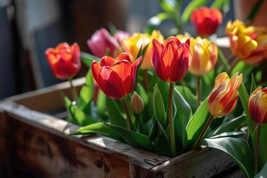 tulip flowers on wooden window box in garden background, generative ai.