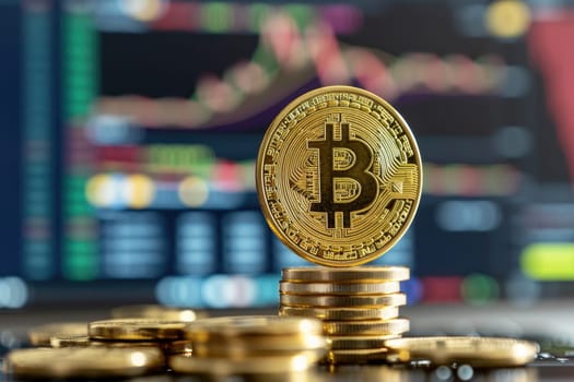 Bitcoin cryptocurrency with pile of coins . generative ai.
