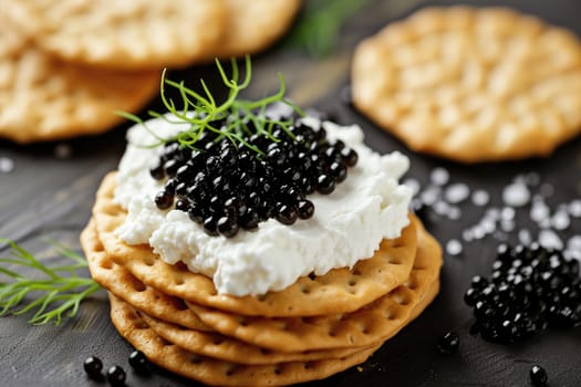 crackers with cream cheese and black caviar, Generative AI..