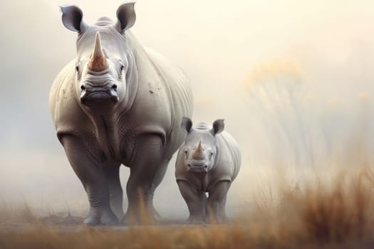 Mother and baby rhino in the savanna at sunset. Amazing African Wildlife. Generative Ai.