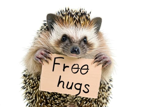 a hedgehog with Free hugs banner amused isolated on a transparent background, generative ai.
