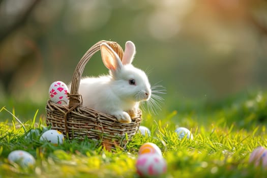 Happy bunny with Easter eggs on grass festive generative ai.
