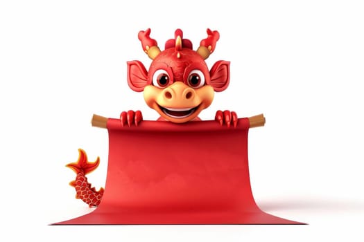 Chinese New Year , dragon cartoon hold red paper scroll in white background. Generative ai.