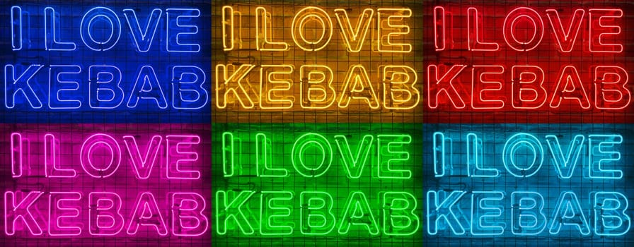 Banner of six neon shining signs of different colors on a brick wall with the inscription or slogan I love kebab. Brick wall, background. Bright electric neon light. Cafe-restaurant Doner Kebab
