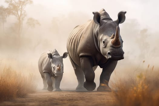 Mother and baby rhino in the savanna at sunset. Amazing African Wildlife. Generative Ai.