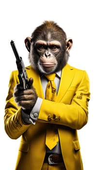 a monkey hold a gun in white background. Generative AI..