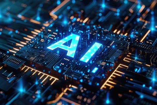 AI text on CPU Circuit board, Artificial Intelligence concept. AI generative.